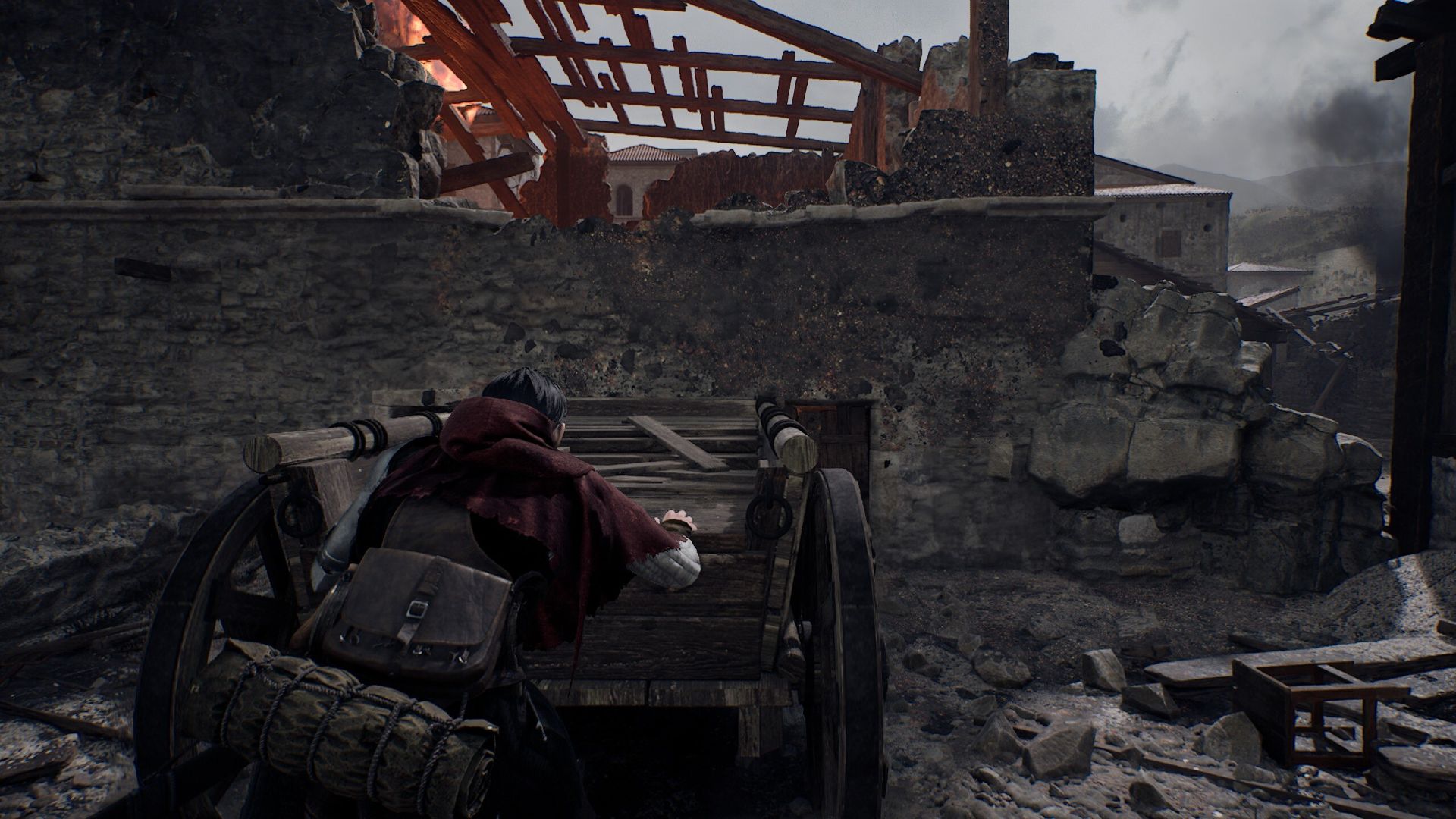 1348 Ex Voto screenshot showing a card being pushed towards a burning building