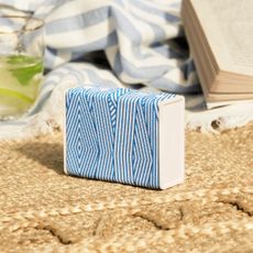 The H&M speaker with blue and white patterned covering on a picnic blanket next to a book and a glass of lemonade.