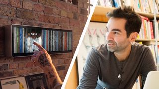 The Spine Music album dispplay next to an image of its founder, Ricardo Amorim