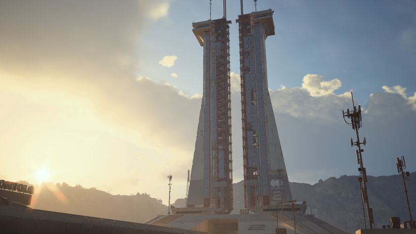 Arc Raiders Lay of the Land: A scenic shot of the launch tower on the Spaceport map as the sunsets.