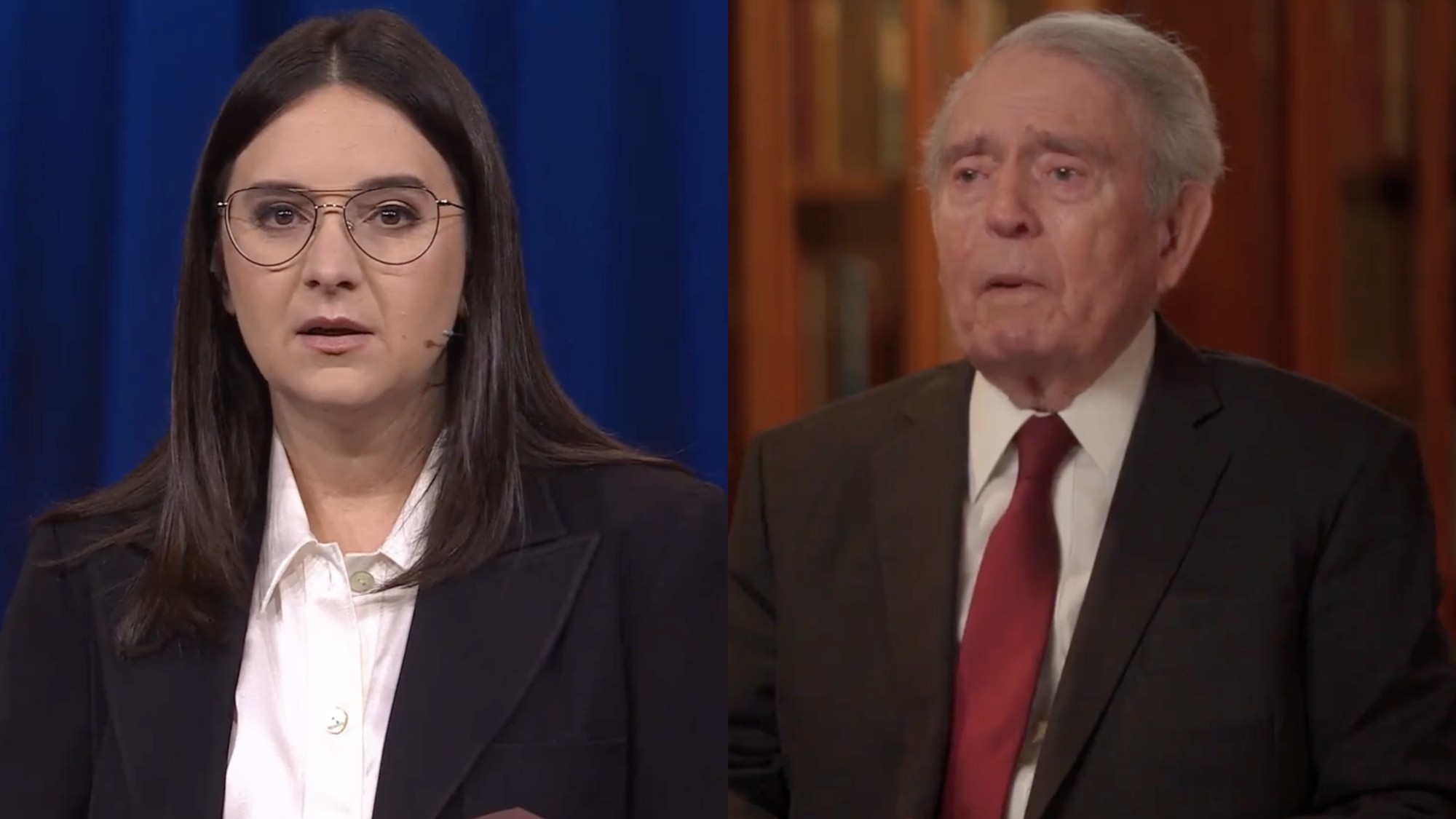 Bari Weiss speaks to an audience during a TED Talk, while Dan Rather is interviewed on CBS Sunday Morning.