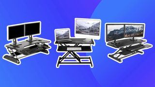 Three of the best standing desk converters on a blue background