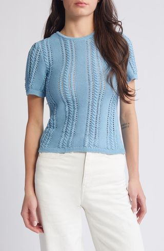 Nora Cable Detail Short Sleeve Cotton Blend Sweater