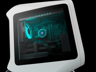 Alienware Aurora PC with clear side panel showing off inside