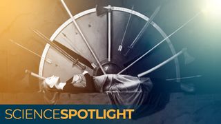 an illustration of a woman lying down in a grave with weapons behind her