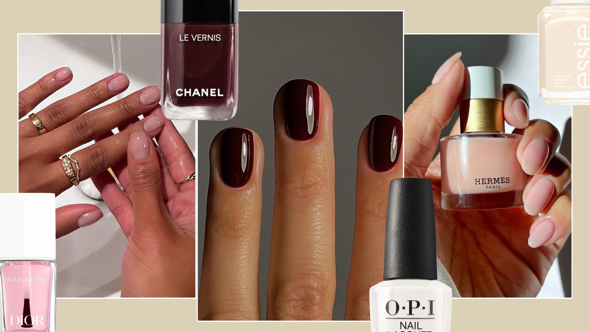 A collage with manicures and chic nail polish colours