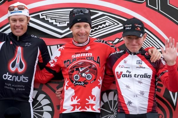 Elite men's overall Tour of Gila podium: Tom Danielson (DZ Nuts), Levi Leipheimer (Mellow Johnny's), Phillip Zajicek (Fly V Australia)