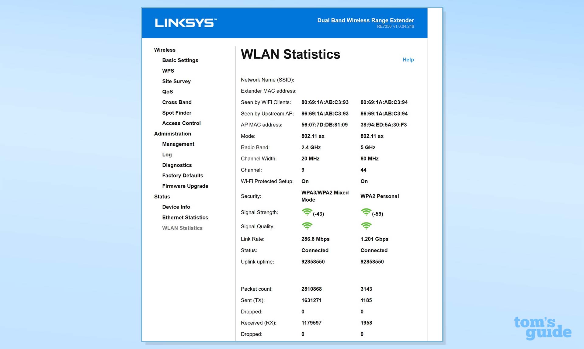A setup menu screenshot showing WLAN Statistics for the Linksys RE7350.