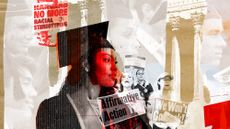 Illustration of a college graduate in a cap and gown against a background of students holding up protest signs about affirmative action