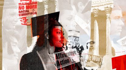 Illustration of a college graduate in a cap and gown against a background of students holding up protest signs about affirmative action