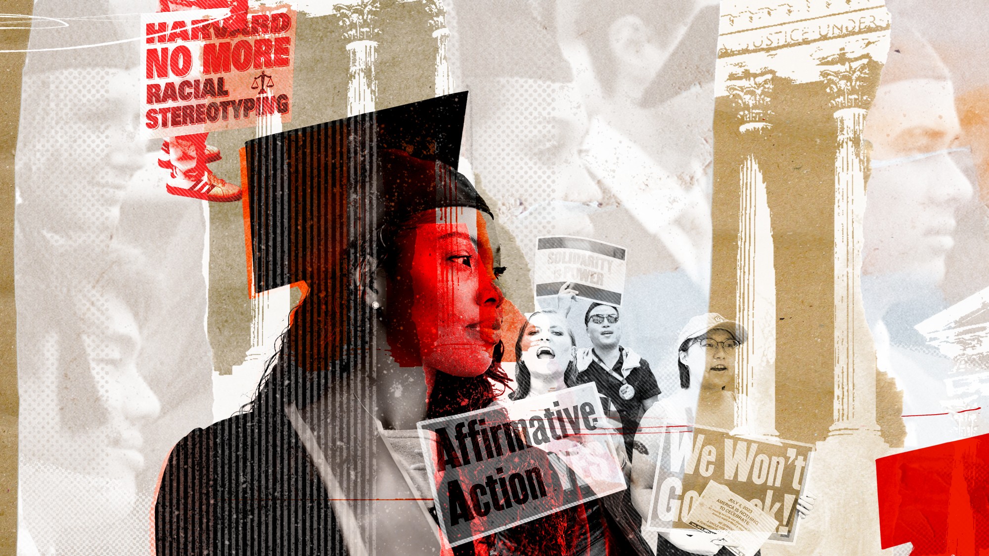 Illustration of a college graduate in a cap and gown against a background of students holding up protest signs about affirmative action