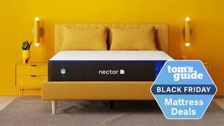 Black Friday mattress deals and sales: image shows the Nectar mattress sales and deals image shows the Nectar Memory Foam Mattress on a yellow bed frame in a yellow bedroom with a blue Black Friday mattress deals sticker overlaid on the image