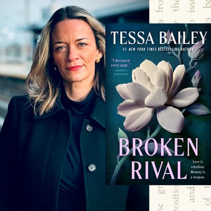 a split image of author tessa bailey in her headshot wearing a black top and jacket at a train station opposite a split image of the cover of her book broken rival