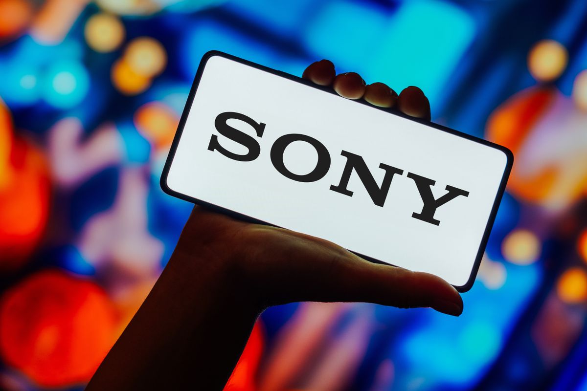 Sony logo displayed on a smartphone screen with blurry background