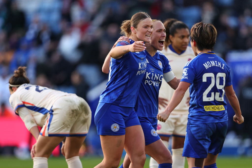 Leicester celebrate their goal against Chelsea