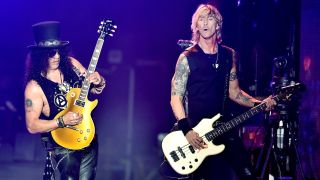 Musicians Slash (L) and Duff McKagan of Guns N' Roses perform onstage during day 2 of the 2016 Coachella Valley Music & Arts Festival Weekend 1 at the Empire Polo Club on April 16, 2016 in Indio, California. 