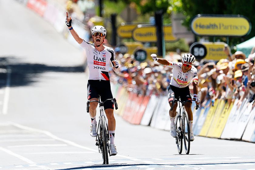 NORWOOD, AUSTRALIA - JANUARY 22: (L-R) Jay Vine of Australia and UAE Team Emirates celebrates at finish line as stage winner ahead of Jhonatan Narvaez of Ecuador during the 26th Santos Tour Down Under 2026, Stage 2 a 148.1km stage from Norwood to Uraidla 495m / #UCIWT / on January 22, 2026 in Norwood, Australia. (Photo by Con Chronis/Getty Images)