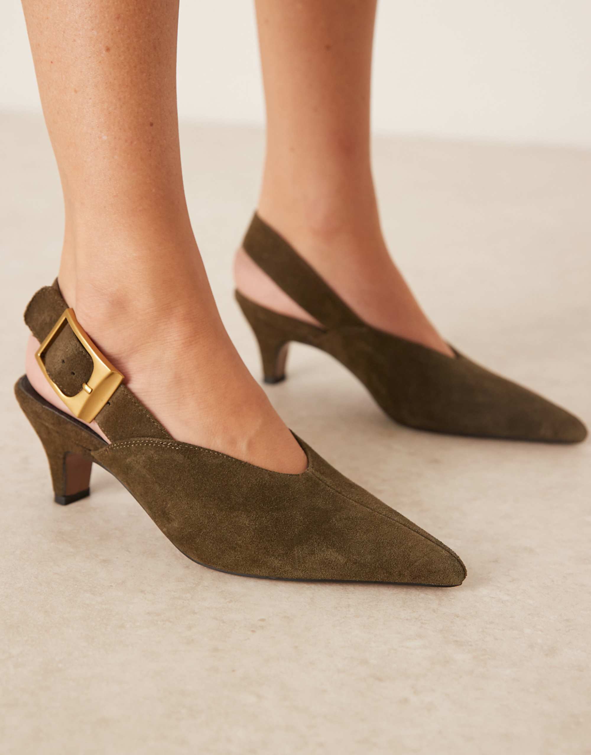 Asos Design Shiloh Large Buckle Detail Slingback Kitten Heel Shoes in Olive Suede