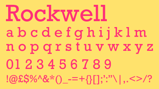 Pink text displaying the serif font Rockwell on a yellow background.