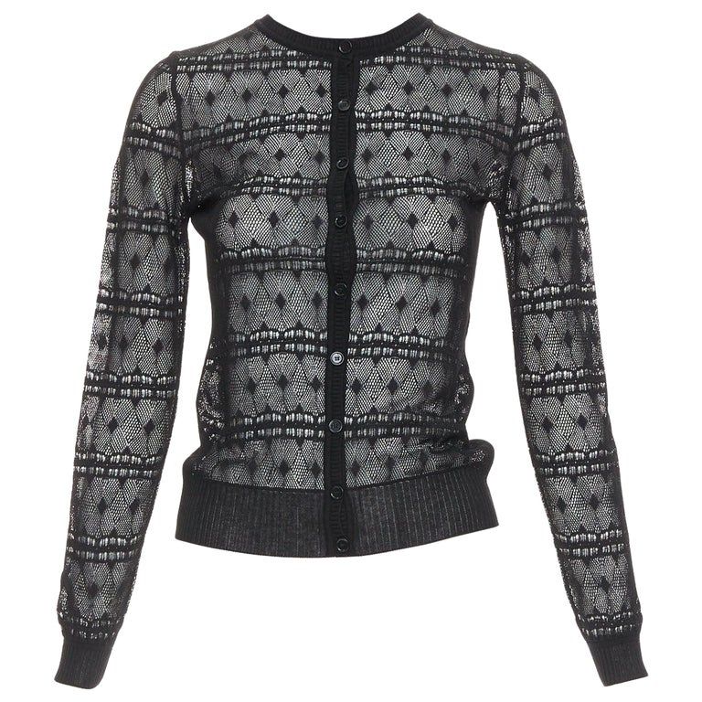 Bottega Veneta Black Crochet Knit Button Up Sheer Cardigan It36 Xxs