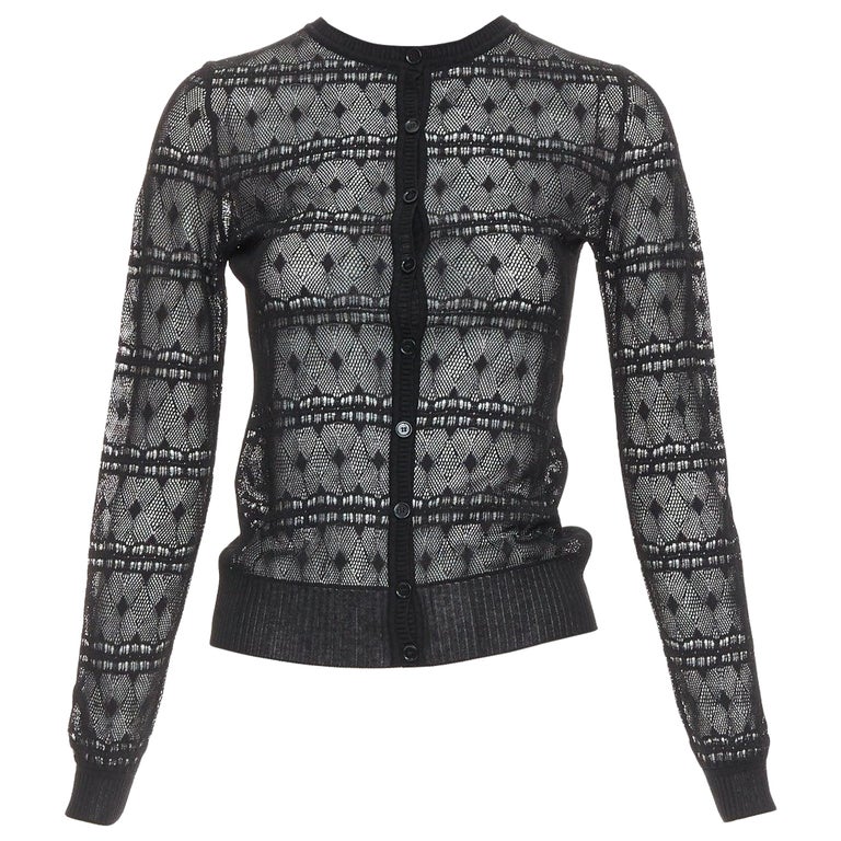 Bottega Veneta Black Crochet Knit Button Up Sheer Cardigan It36 Xxs