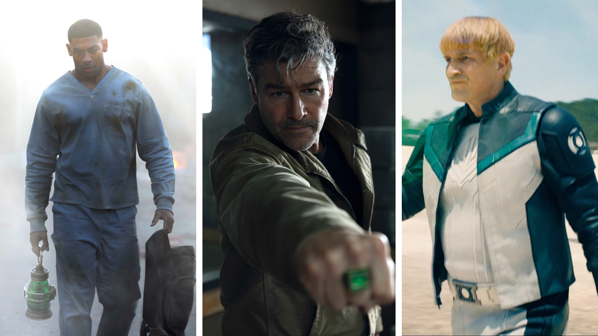 Split image showing three Green Lanterns from Lanterns/Superman: Jon Stewart (Aaron Pierre), Hal Jordan (Kyle Chandler), and Guy Gardner (Nathon Fillion).