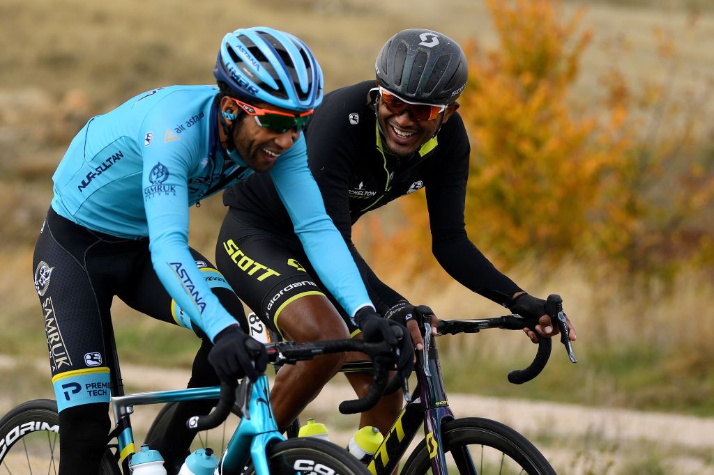 EJEADELOSCABALLEROS SPAIN OCTOBER 23 Merhawi Kudus Ghebremedhin of Eritrea and Astana Pro Team Tsgabu Gebremaryam Grmay of Ethiopia and Team Mitchelton Scott during the 75th Tour of Spain 2020 Stage 4 a 1917km stage from Garray Numancia to Ejea de los Caballeros lavuelta LaVuelta20 La Vuelta on October 23 2020 in Ejea de los Caballeros Spain Photo by David RamosGetty Images