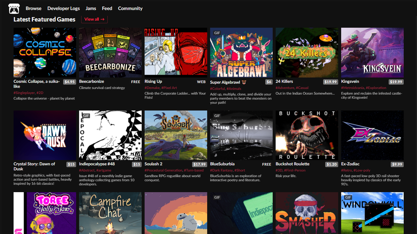 The store page of the itch.io launcher.