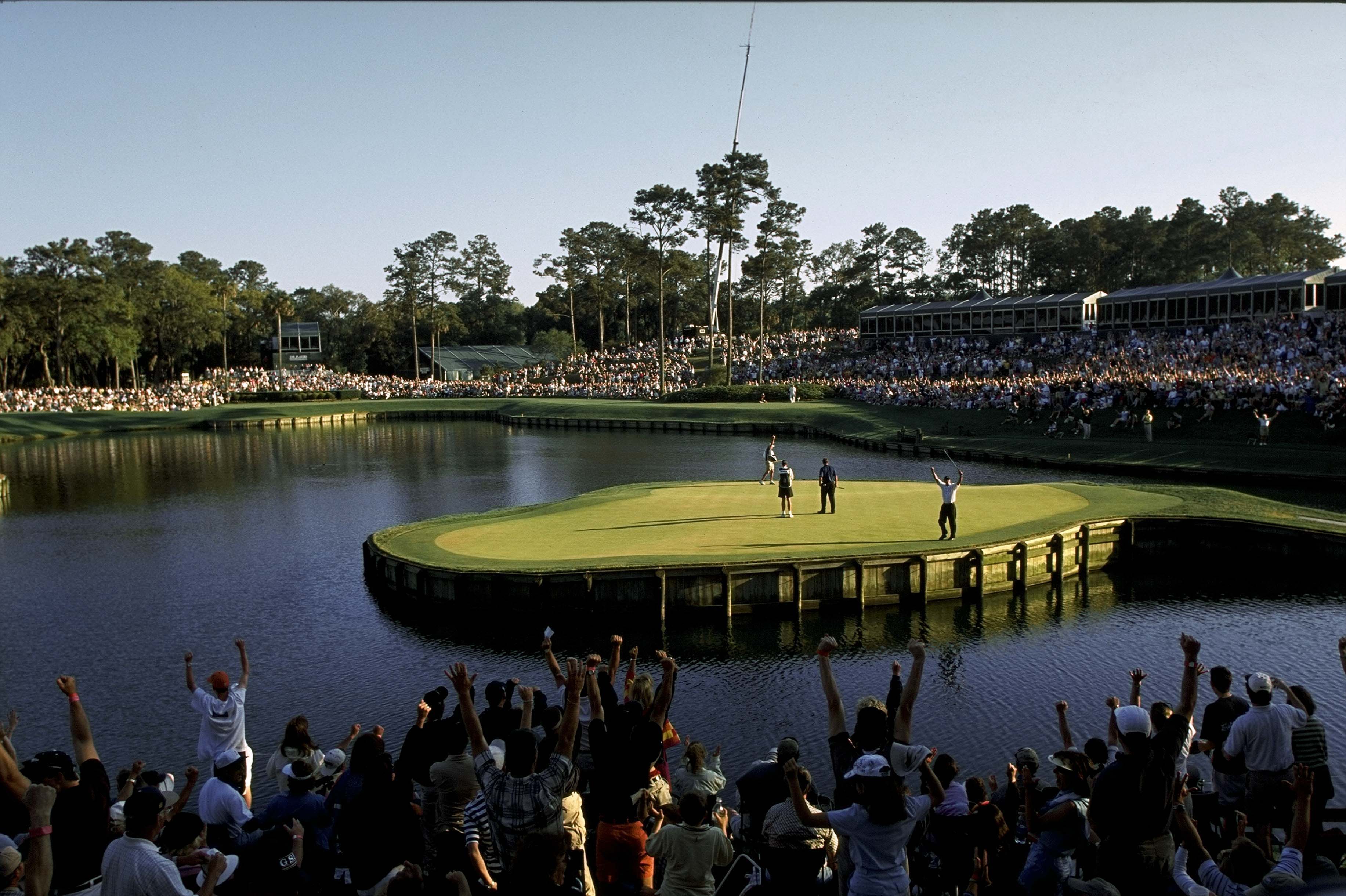 PONTE VEDRA BEACH, FLORIDA - MARCH 24: Tiger Woods celebrates making his &amp;ldquo;Better than most&amp;rdquo; putt at the 17th hole during the third round of The PLAYERS Championship at the TPC Stadium course on March 24, 2001 in Ponte Vedra Beach, Florida. (Photo by Chris Condon/PGA TOUR via Getty Images)