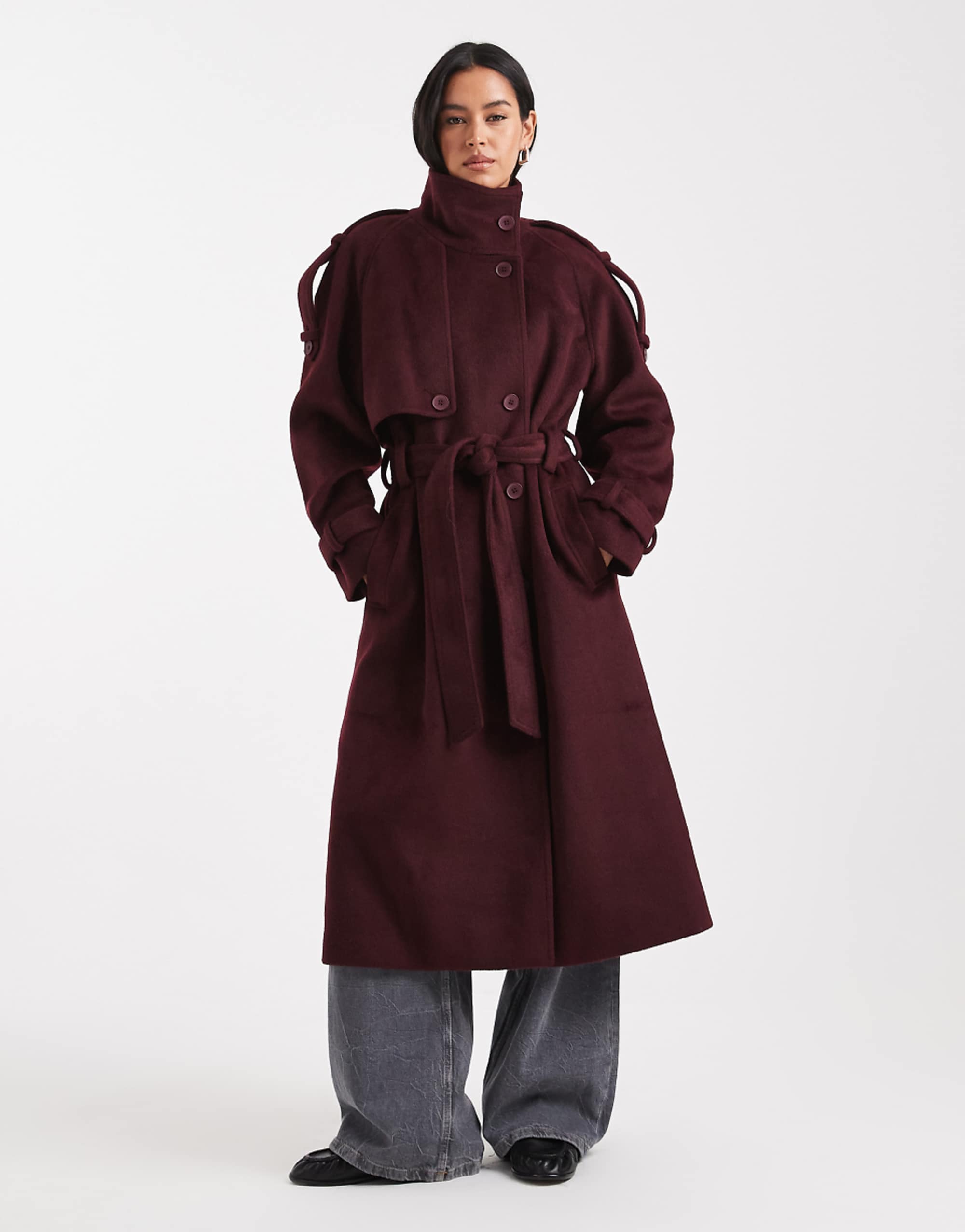 Asos Design Formal Longline Funnel Neck Trench Coat in Burgundy