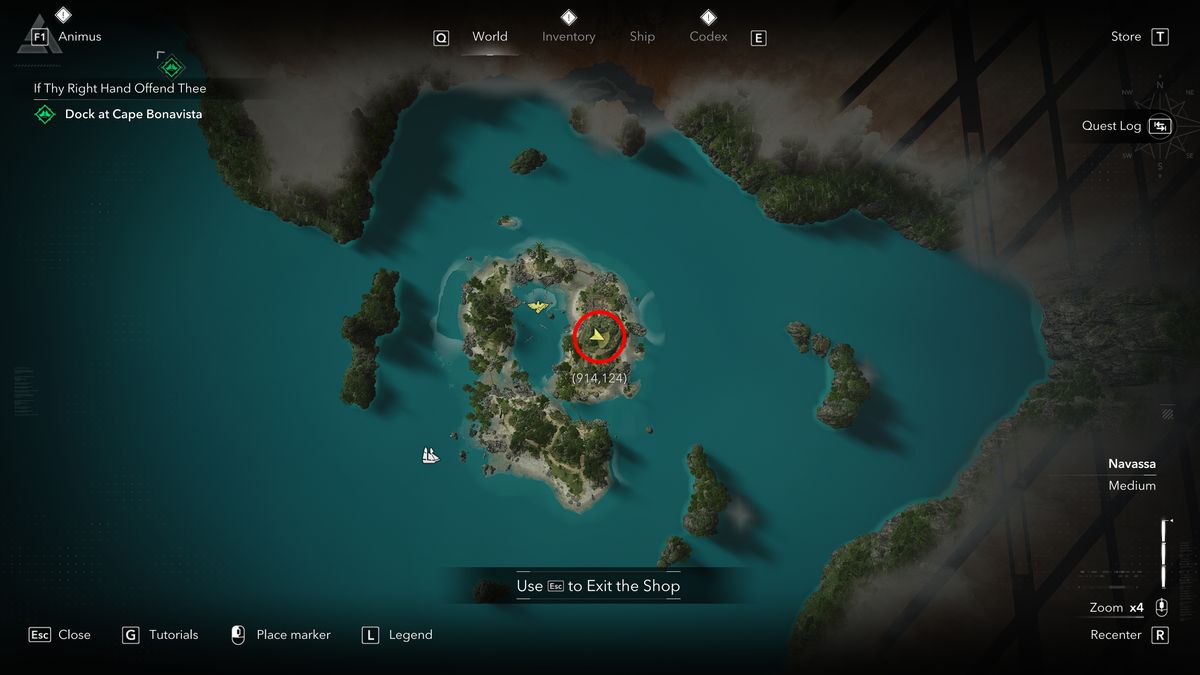 Black Flag treasure maps: A screenshot of the map with a red circle showing the location of the buried chest for the Mystery Island (Weathered) treasure map.