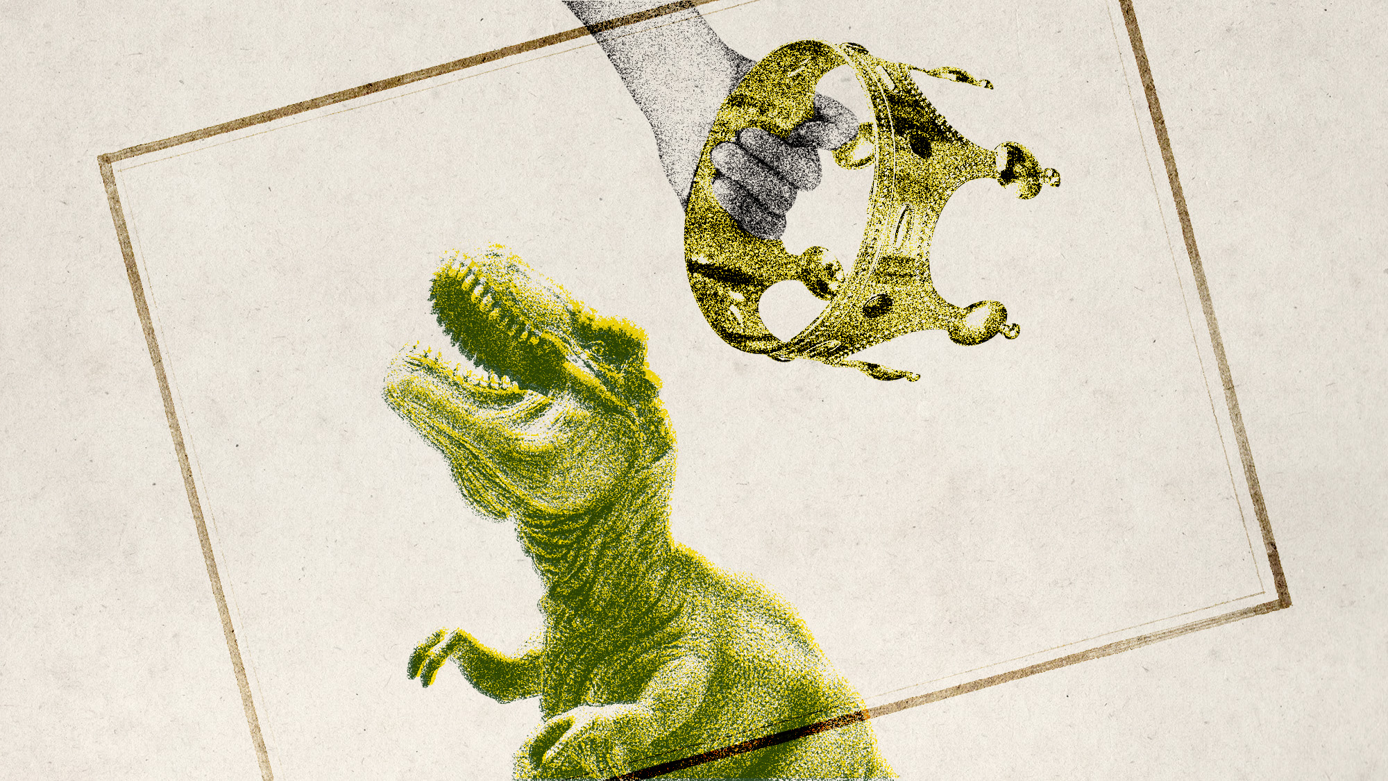 Photo collage of a toy crown being taken off a toy t-rex