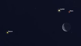 On March 18, 2020, the crescent moon will meet up with Mars, Jupiter and Saturn in the predawn sky.