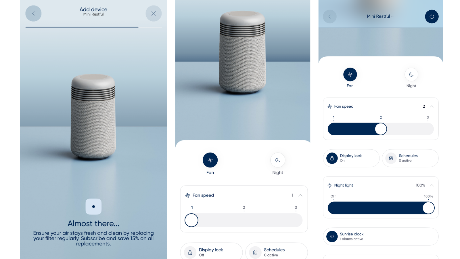 Blueair Mini Restful app interface showing fan speed controls, night light settings, schedules and display lock options