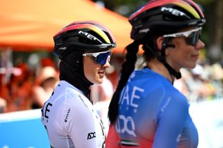 COLLEY TERRACE, GLENELG, AUSTRALIA - JANUARY 13: Safia Al Sayegh of United Arab Emirates and UAE Team Adq prior to the 8th Santos Women's Tour Down Under 2024, Stage 2 a 104.2km stage from Glenelg to Stirling 442m / #UCIWWT / on January 13, 2024 in Colley Terrace, Glenelg, Australia. (Photo by Tim de Waele/Getty Images)