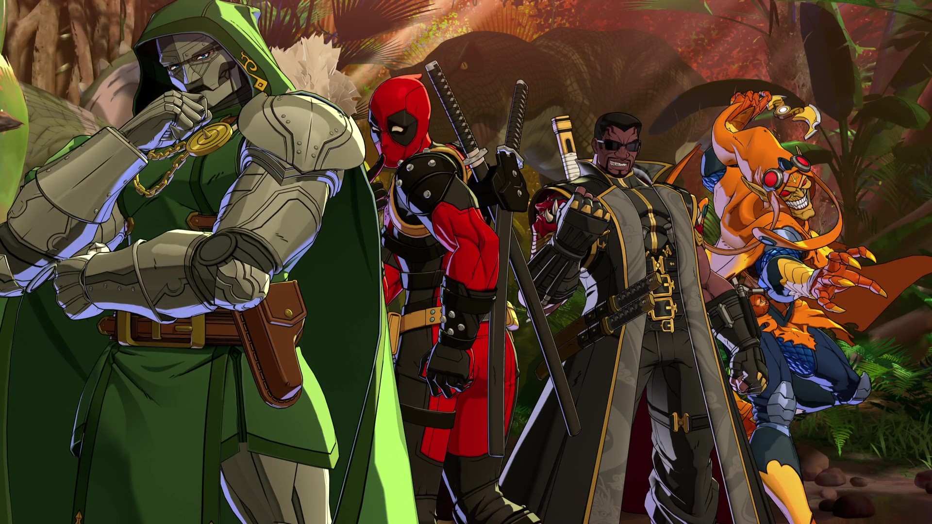 Green Goblin, Blade, Doctor Doom, and Deadpool pose in Marvel Tokon