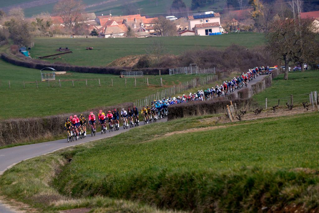 CHIROUBLES FRANCE MARCH 10 The peloton during the 79th Paris Nice 2021 Stage 4 a 1875km stage from ChalonSurSane to Chiroubles 702m Landscape ParisNice on March 10 2021 in Chiroubles France Photo by Bas CzerwinskiGetty Images