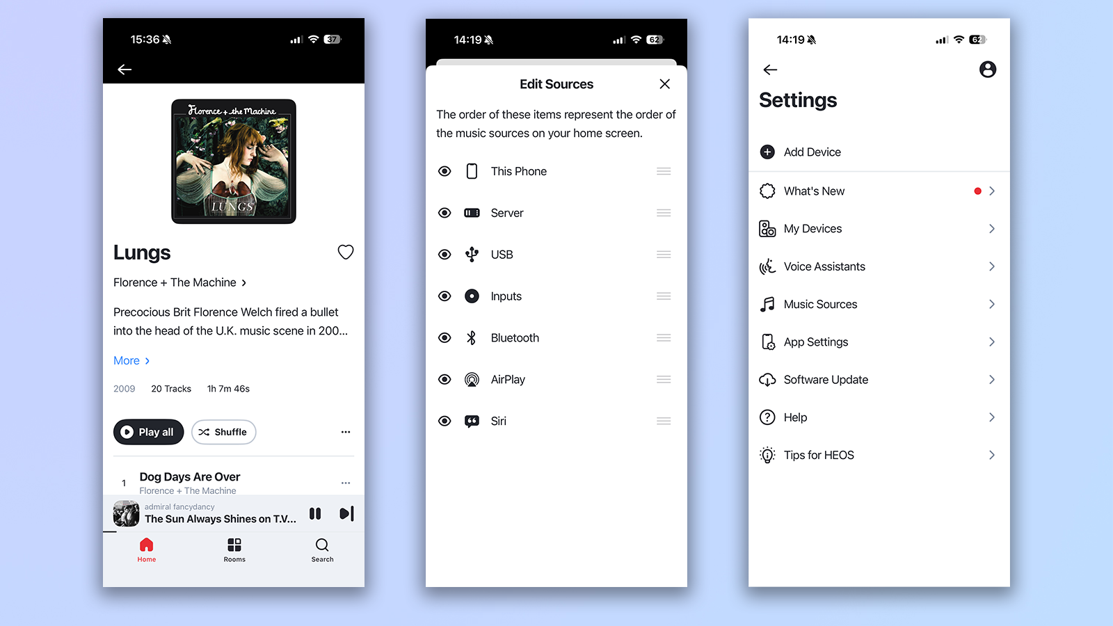 three screenshots from the HEOS app showing app connectivity with the denon home 400