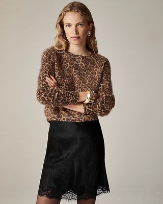 Brushed Cashmere Shrunken Crewneck Sweater in Leopard Print