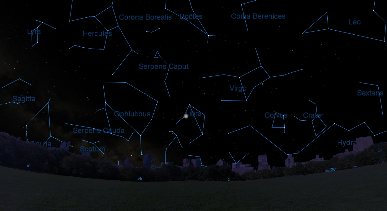 Moon appears over the constellation Libra in the NY sky