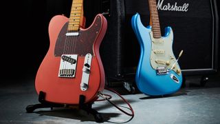 Fender Stratocaster and Telecaster with Marshall amp/speaker cabinet