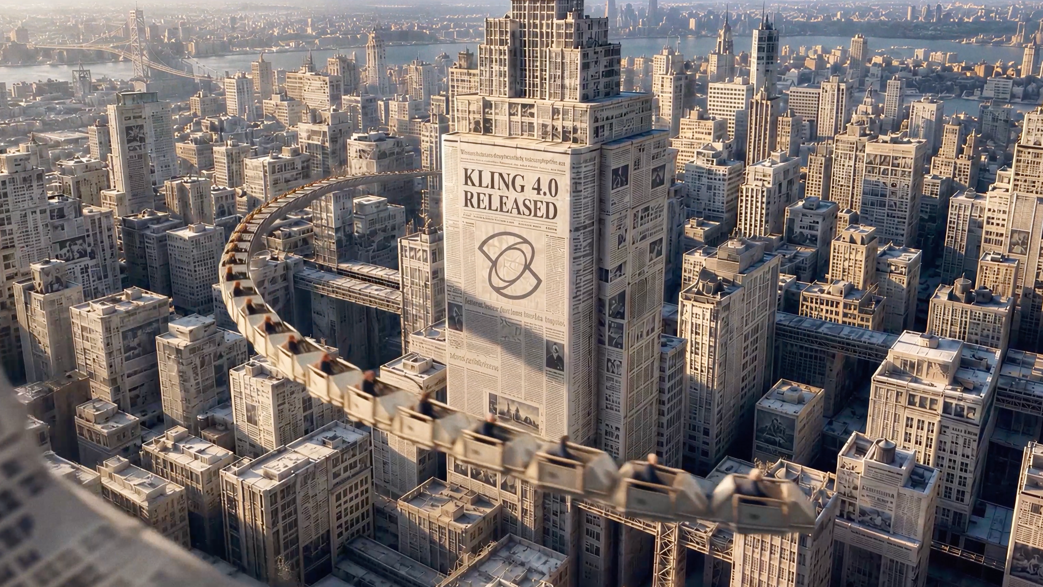 Kling AI promo image showing a skyscraper with the text "Kling 4.0 released"
