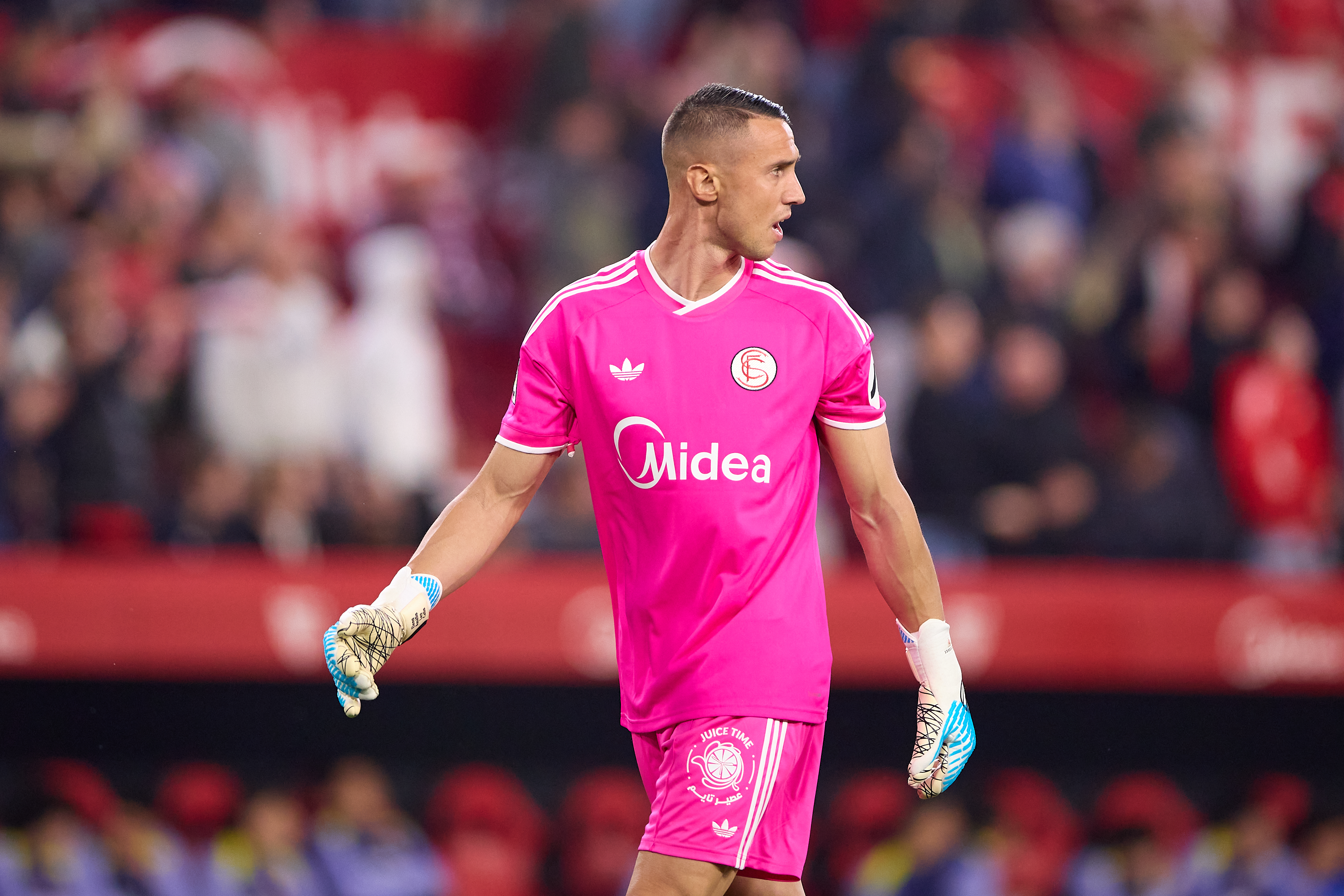 Odisseas Vlachodimos of Sevilla FC looks on during the LaLiga EA Sports match between Sevilla FC and Atletico de Madrid at Estadio Ramon Sanchez Pizjuan on April 11, 2026 in Seville, Spain.