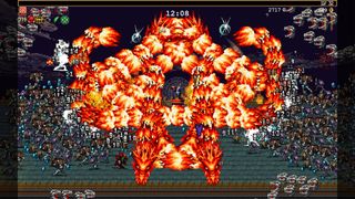 Vampire Survivors gameplay shot showing hundreds of enemies and the player character throwing multiple balls of fire