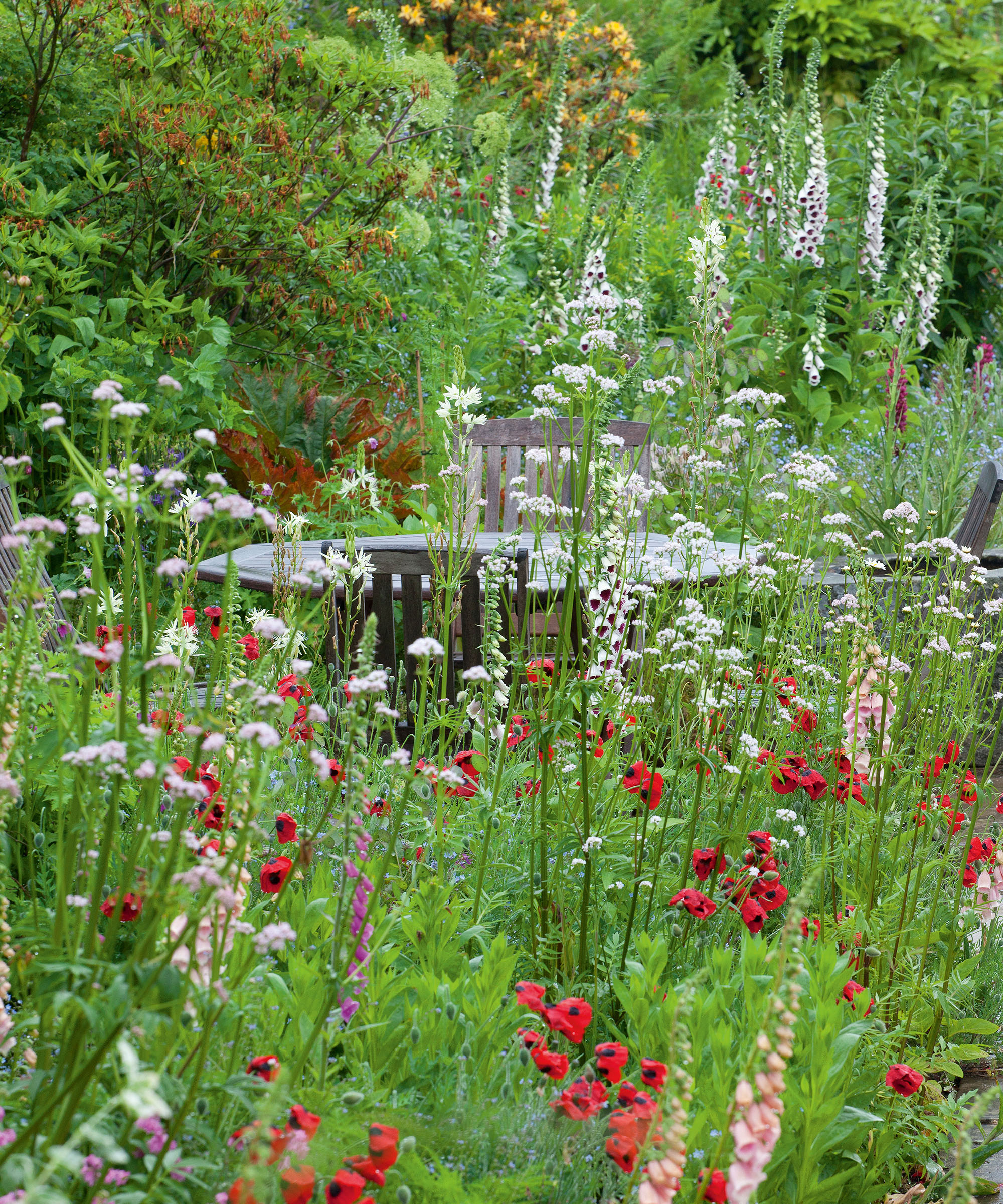 An outdoor seating area partially obscured by beautiful bright flowers creating a private seating area