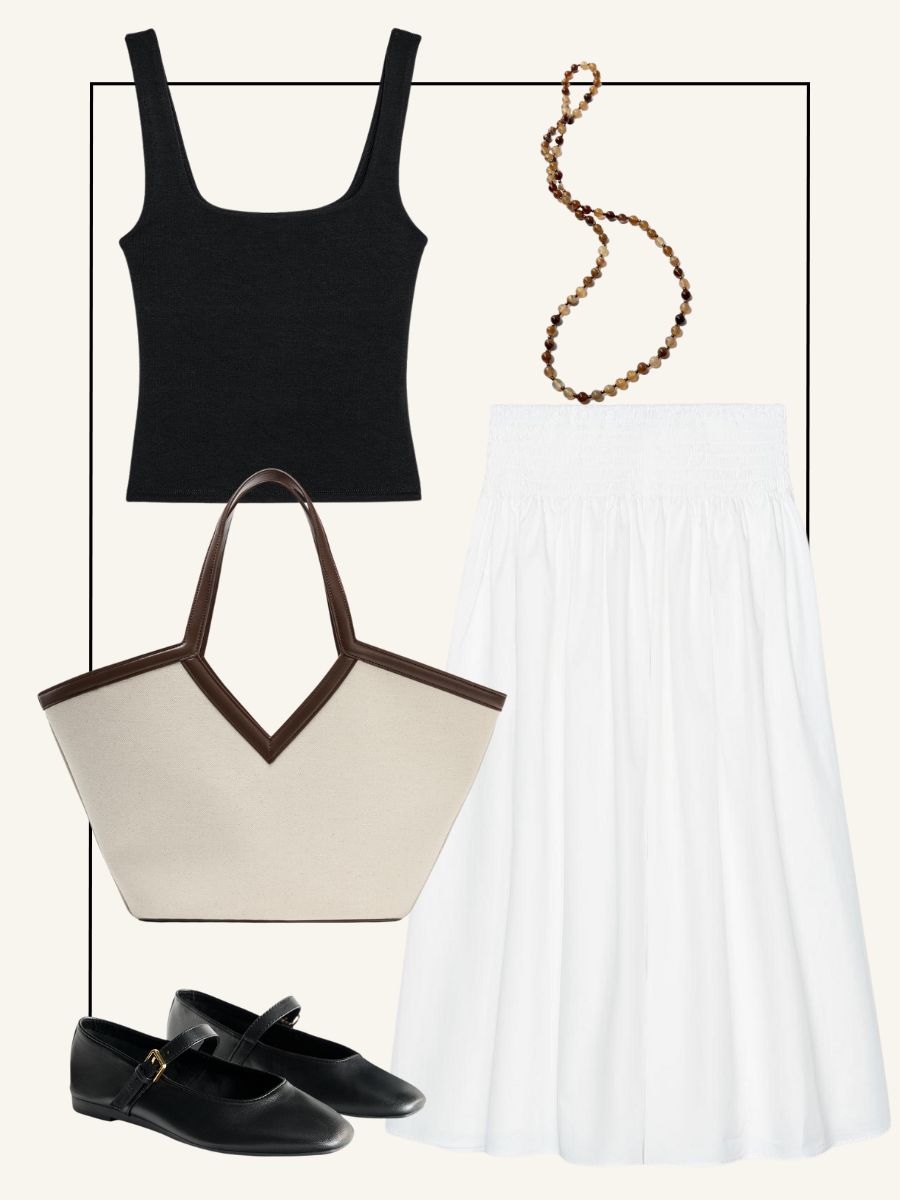 black tank top, white midi skirt, leather ballet flats, canvas tote and beaded necklace from Zara