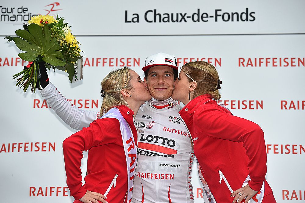 Louis Vervaeke in white following the prologue at the Tour de Romandie