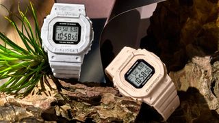 Casio G-Shock GMS-S5600RT-4JF and GMS-S5600RT-7JF watches on rocks