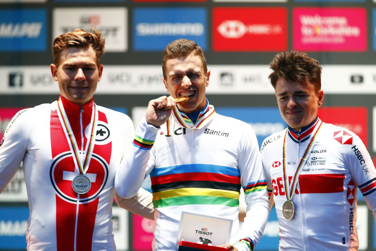 The men's U23 road race podium