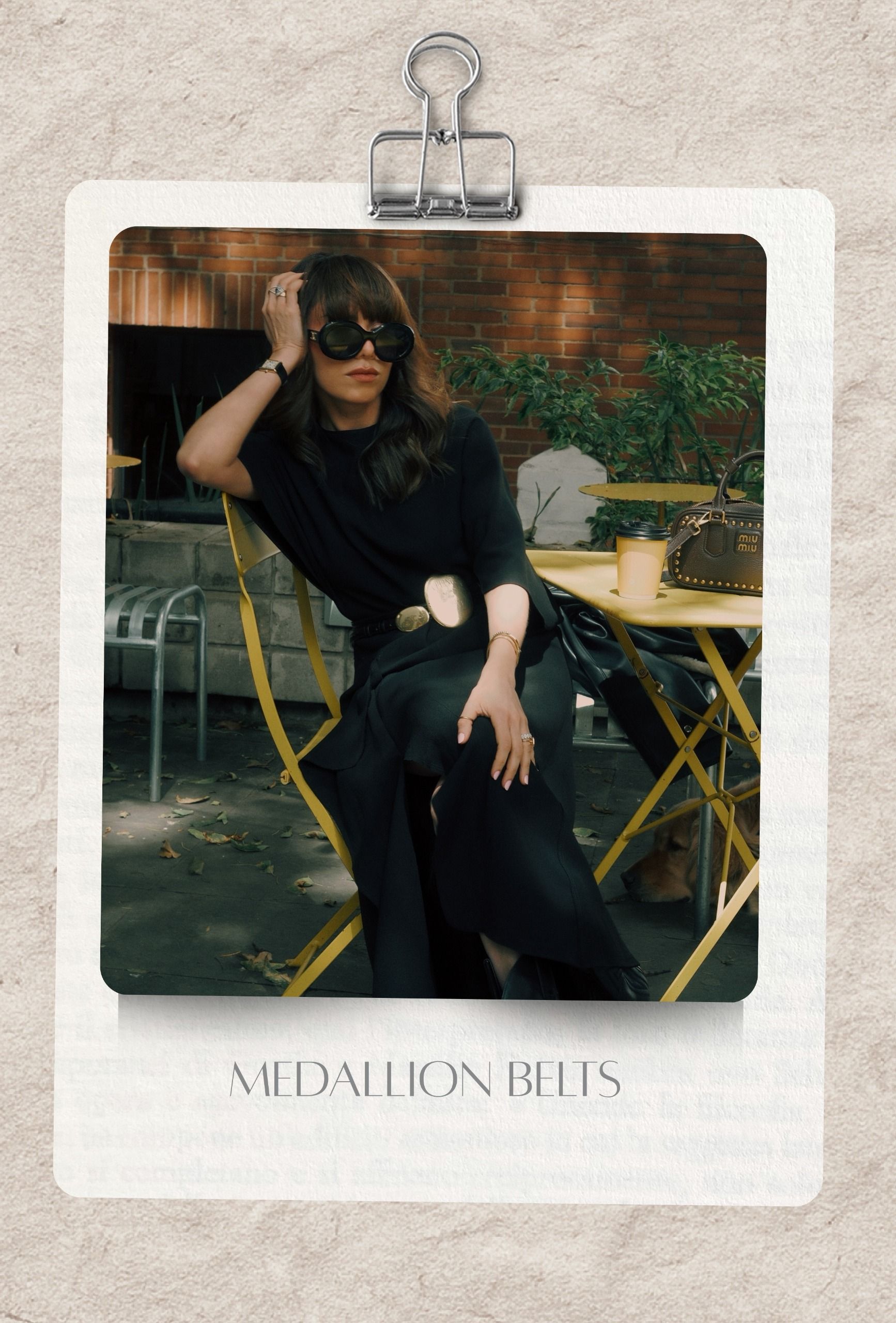 autumn 2026 cult buys: Juliana wears a black top and black skirt with a medallion belt